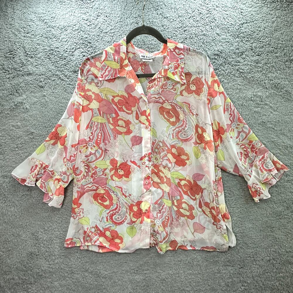 VTG‎ All Hours Women's XL Sheer Pink Floral Blouse Flowy Summer Resort Beach EUC